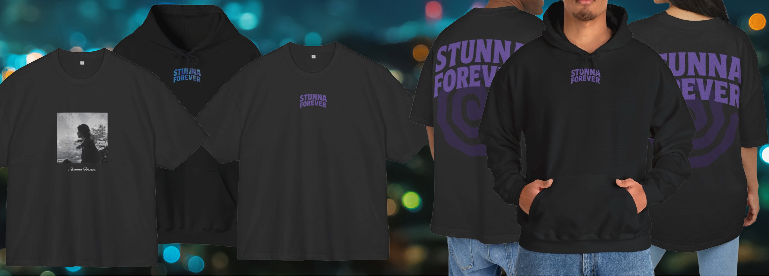 People wearing black hoodies and t-shirts with text and graphics against a cityscape background